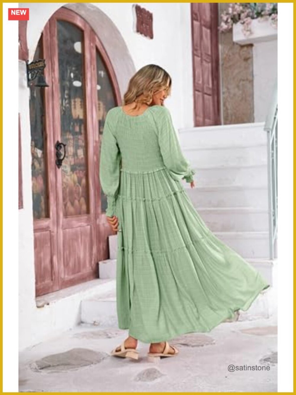 Flowy Maxi Dress Long Sleeve V Neck Empire Waist Ruffle Boho Casual - Picture 5 of 7